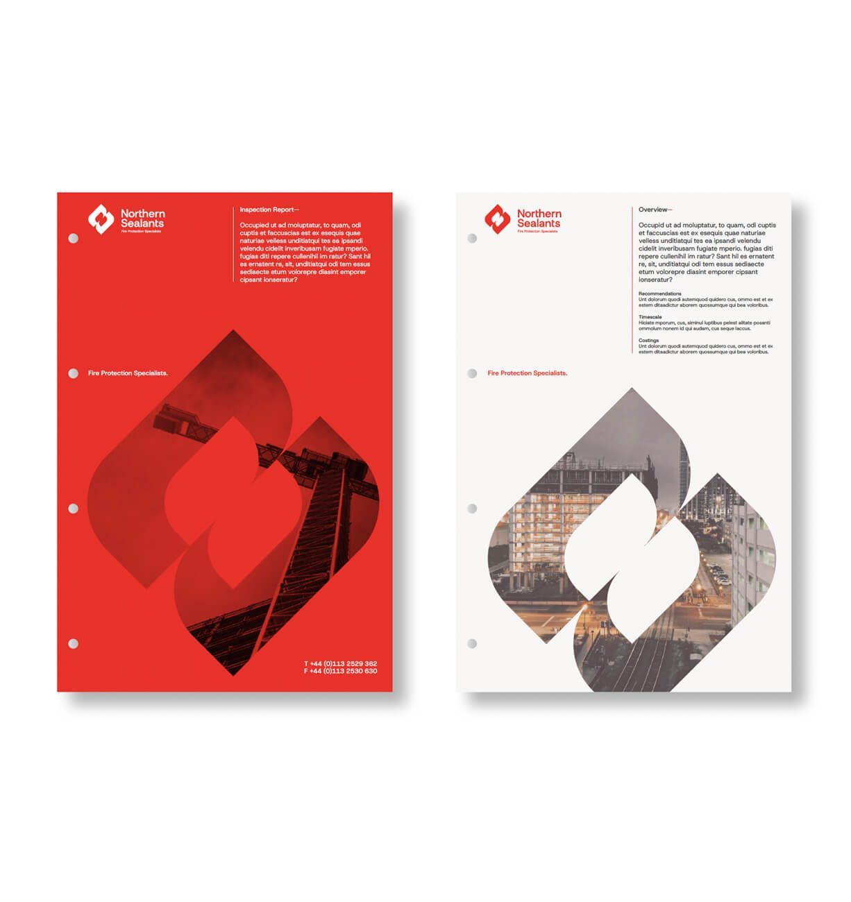 Two modern poster designs: one red and one white, each with geometric abstract shapes and text.