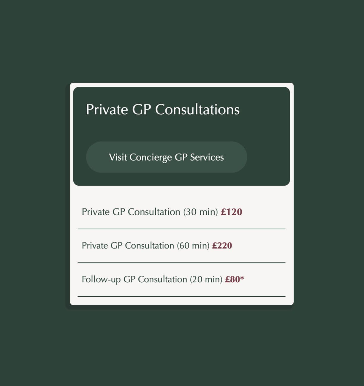 Private GP consultations card on dark green background with visit concierge button and prices.