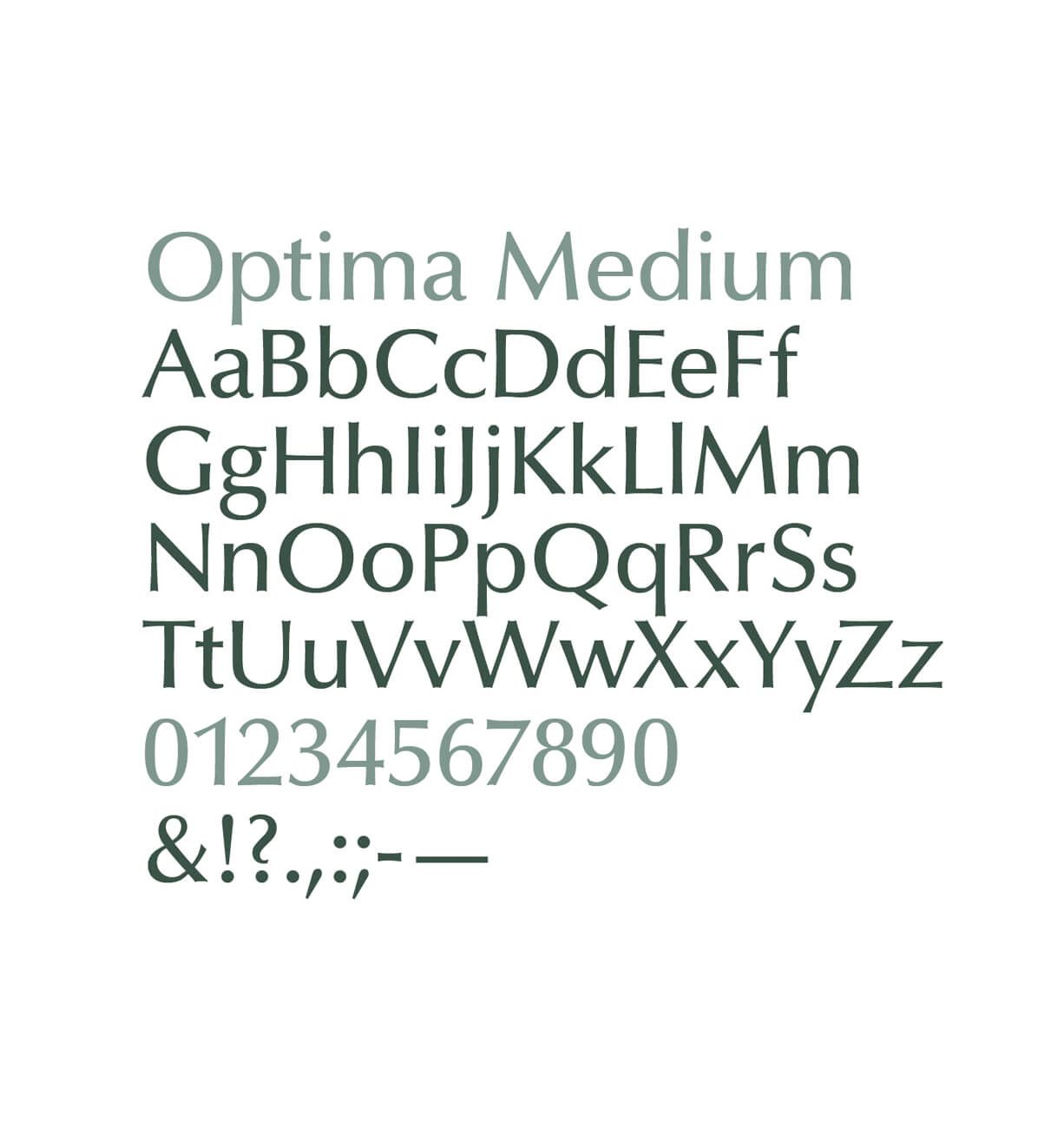 Font sample showing “Optima Medium” with uppercase, lowercase, numbers, and punctuation in gray-green text.