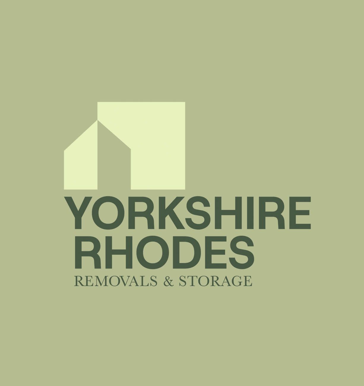 Yorkshire Rhodes removals and storage logo on a muted green background with stylized house icon