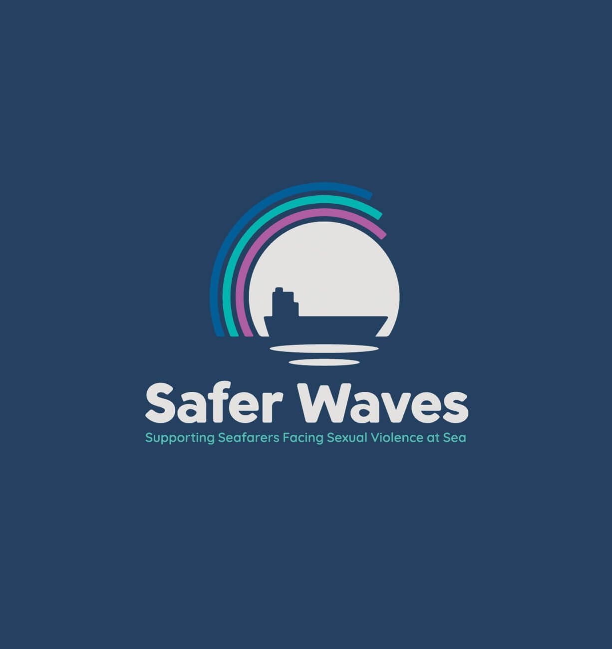 Safer Waves logo with a ship silhouette in a white circle and teal and purple arc accents on a navy background