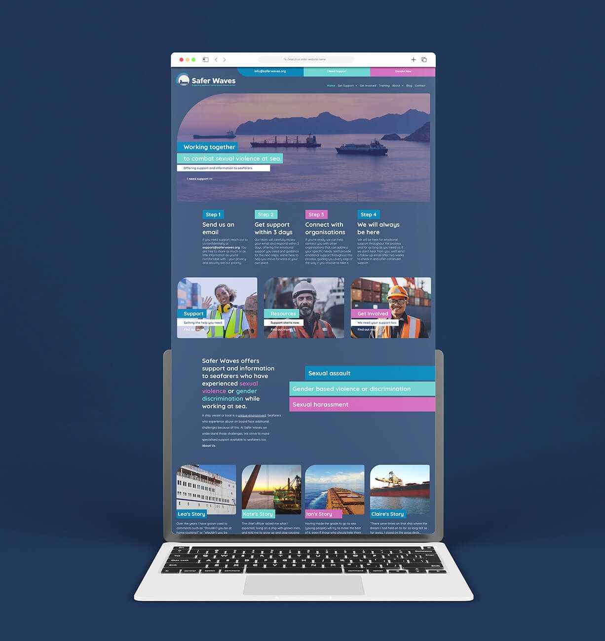 Laptop displaying a colorful travel website with a scenic header and destination cards