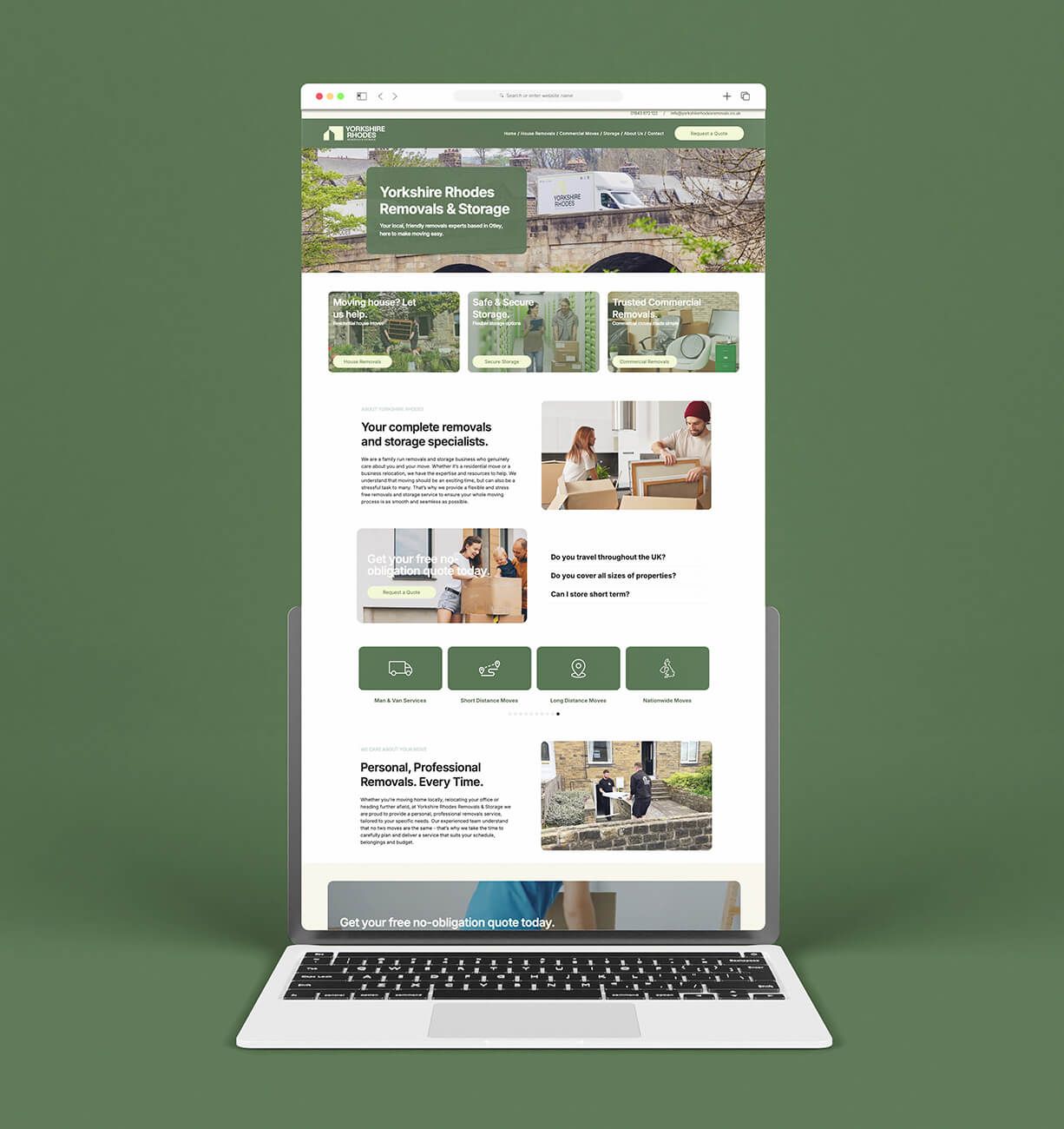 Laptop displaying a green-themed website homepage against a plain green background