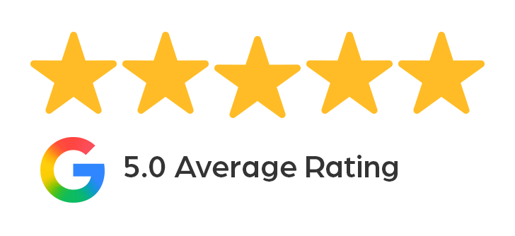 Five gold stars above Google logo and text “5.0 Average Rating”