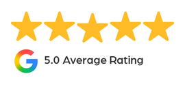 Five gold stars above Google logo and text “5.0 Average Rating”