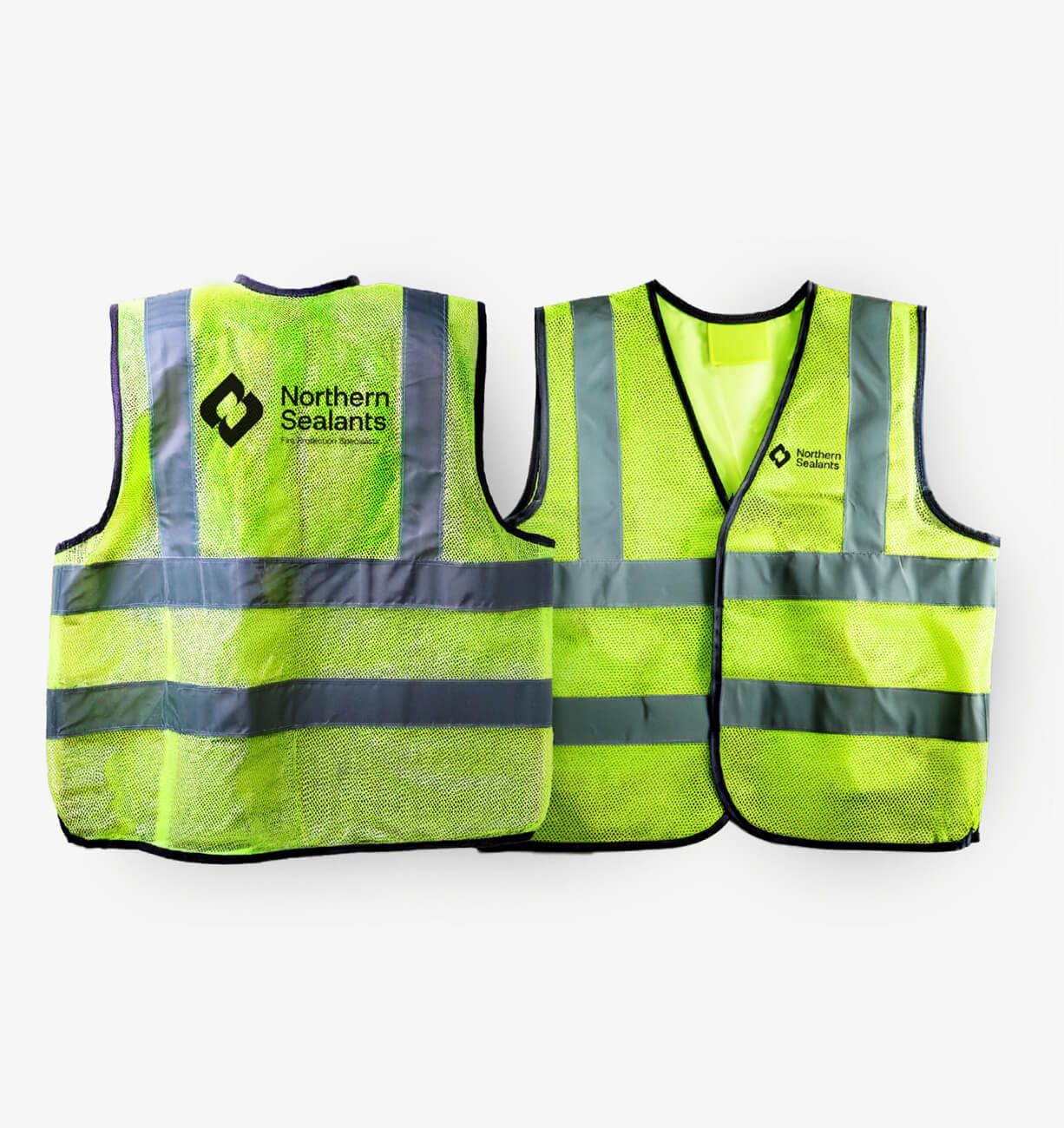 Two neon yellow reflective safety vests, front and back views, with gray reflective stripes