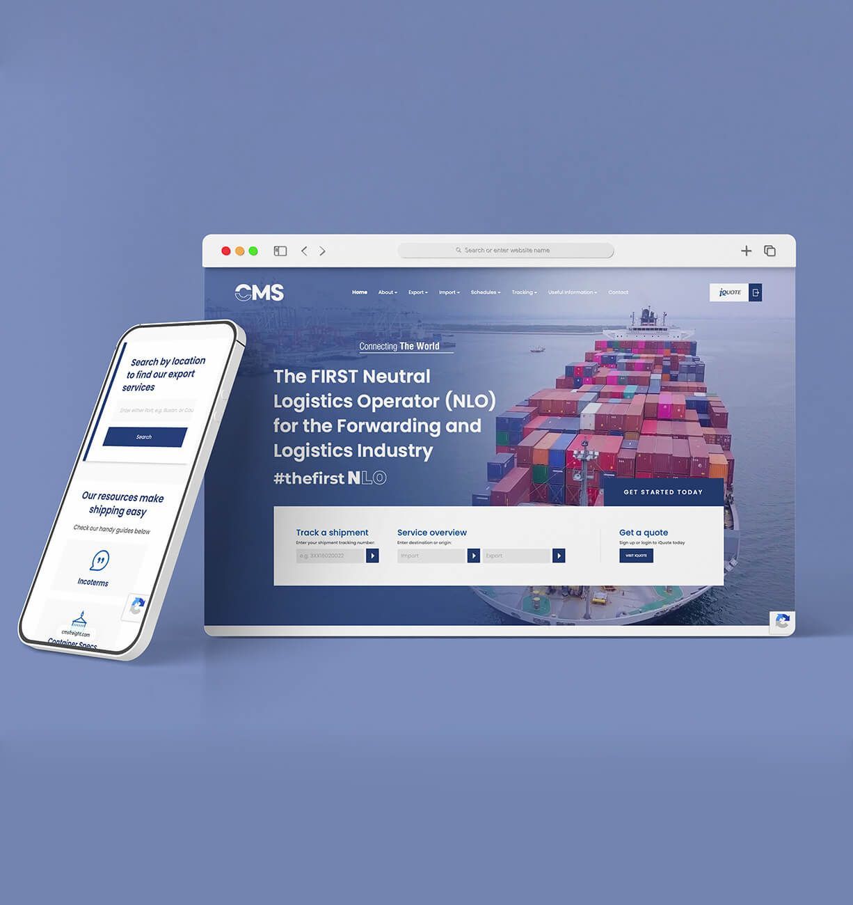 Website mockup on laptop and smartphone with blue background and dashboard-style homepage.