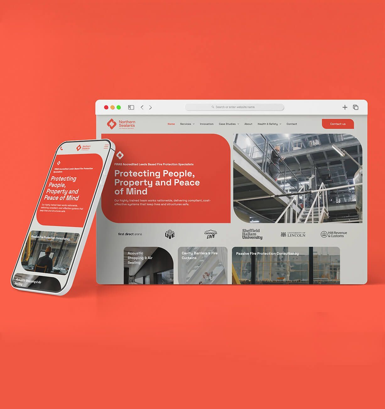 Red website mockup shown on desktop and phone against a bright coral background.