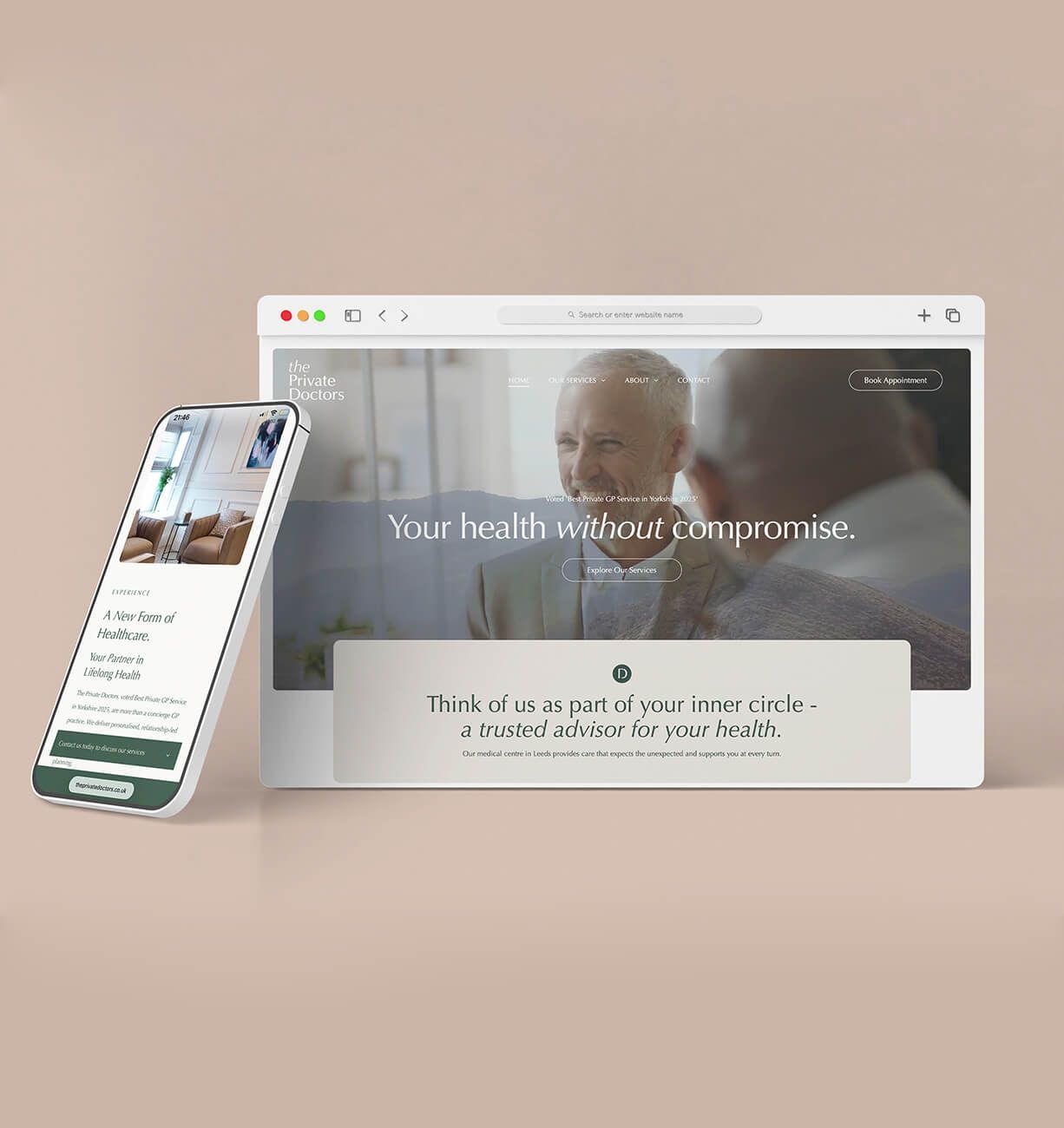 Desktop and phone website mockup on a beige background, showing a man on the screen.