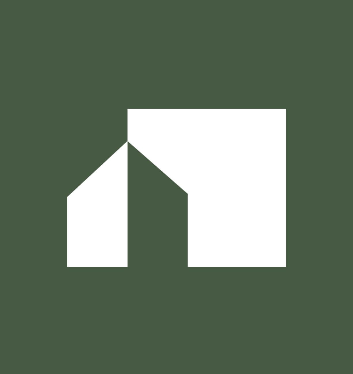 White house-like logo on a dark green background with a central peaked roof shape.