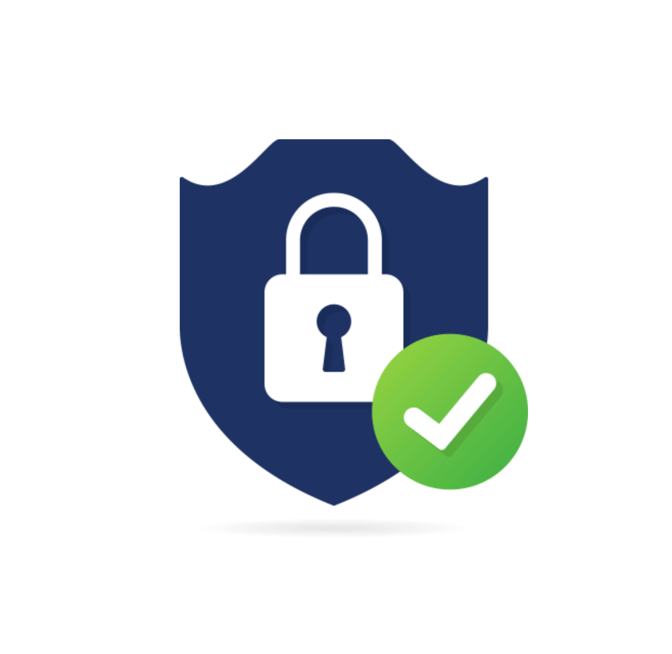 Blue security shield with white padlock and green checkmark badge