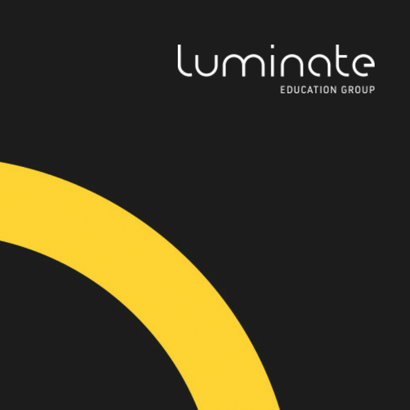 Luminate Education Group logo on a dark background with a yellow curved arc in the lower left.