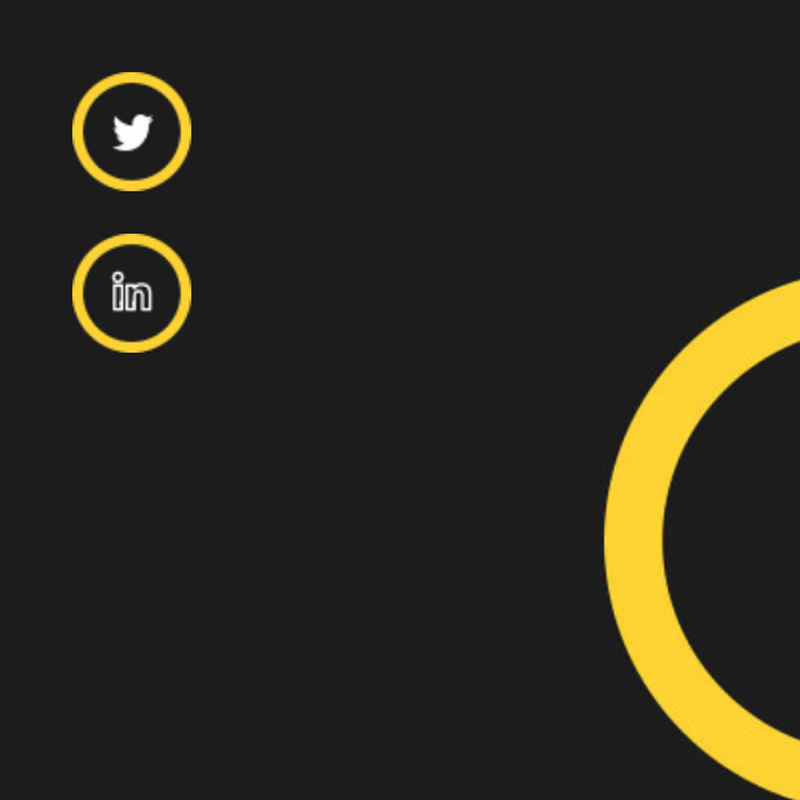 Black background with yellow circular Twitter and LinkedIn icons on the left and a partial yellow ring on the right