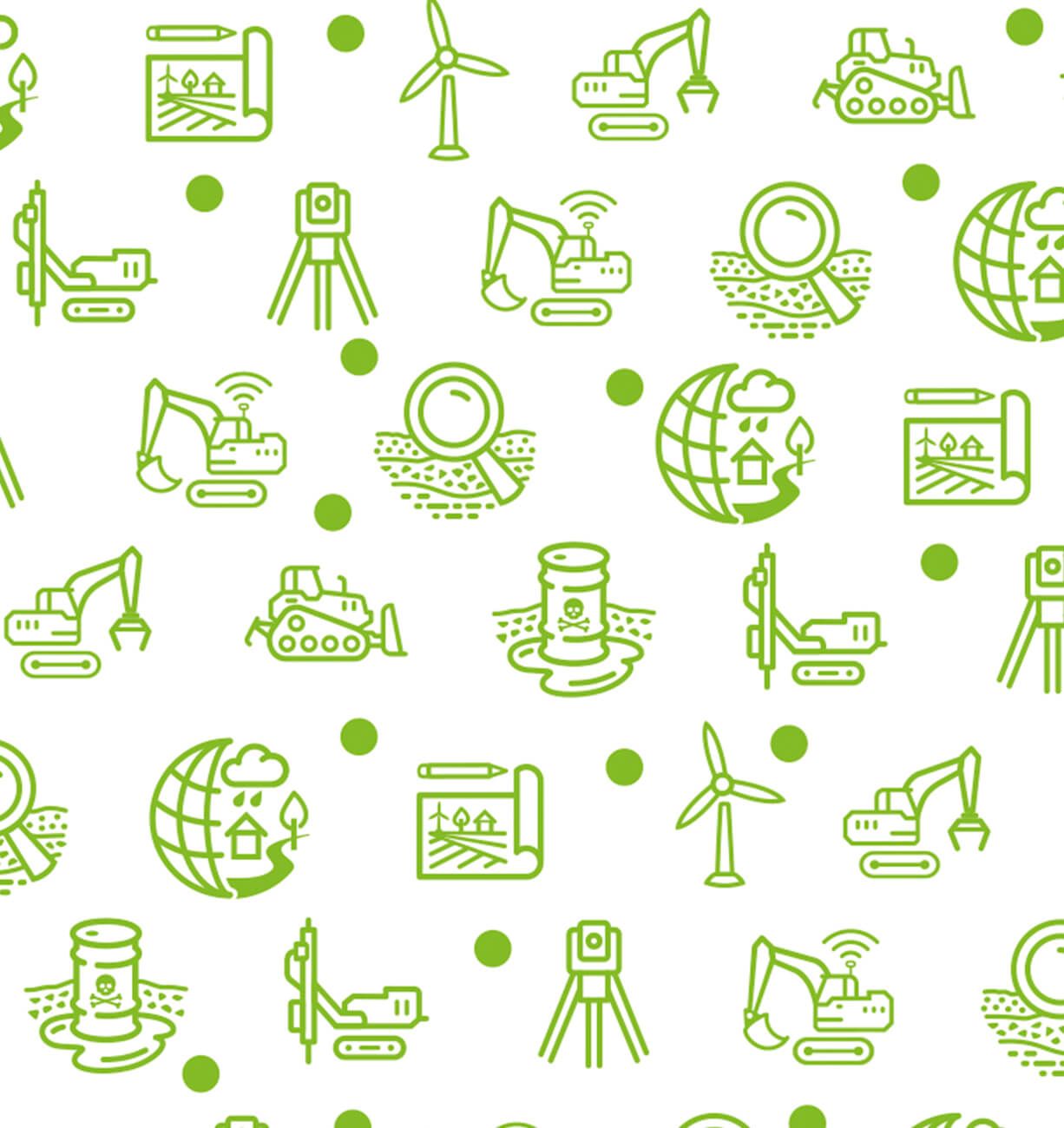 Green line-art icons of eco-friendly energy, recycling, factory, wind turbine, and globe on white background