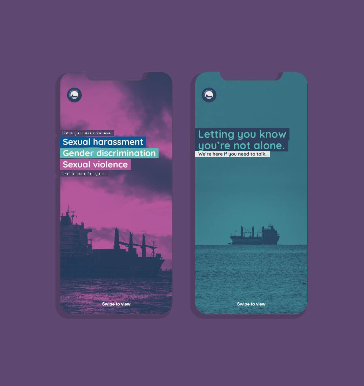 Two posters on purple background: one says “sexual harassment, gender discrimination, sexual violence”; the other says “letting you know you’re not alone.”