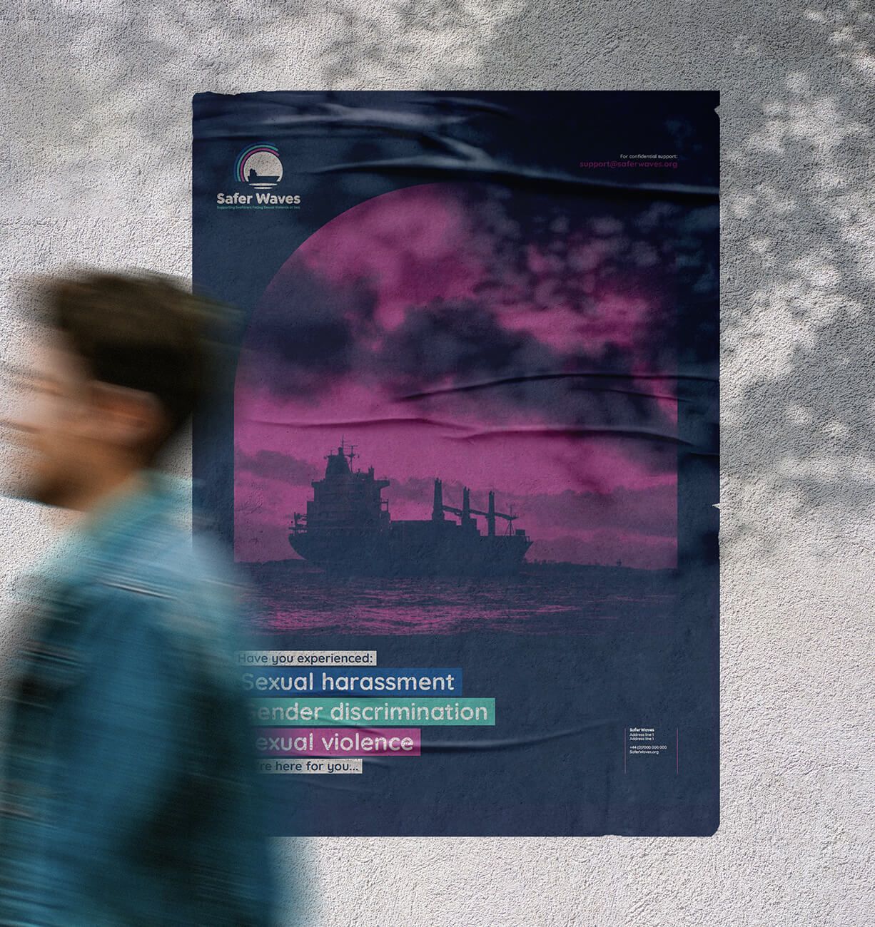 Blurred person walking past a purple poster with a ship silhouette and neon text on a concrete wall