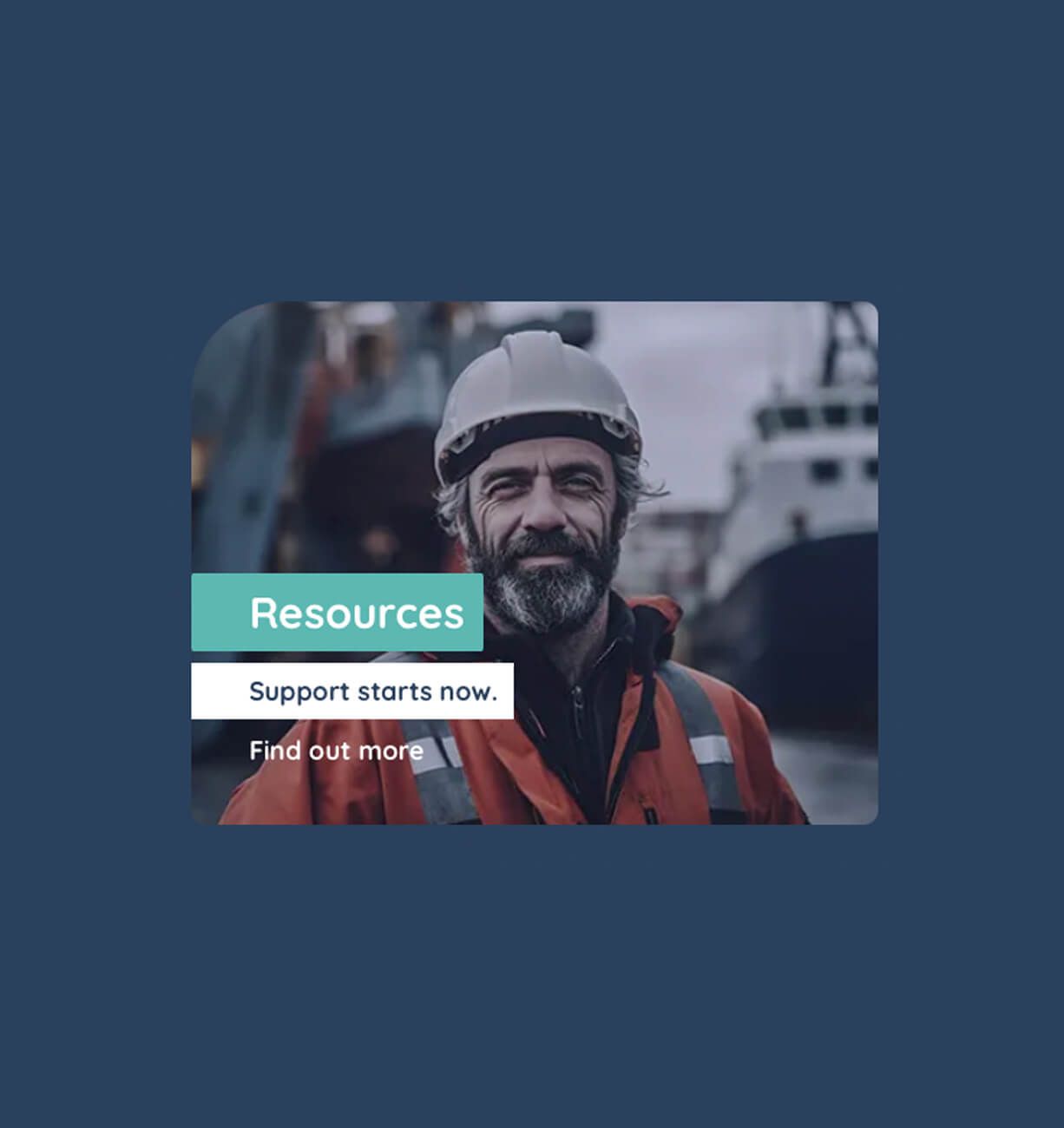 Smiling worker in hard hat with “Resources” banner and support links on a dark blue page