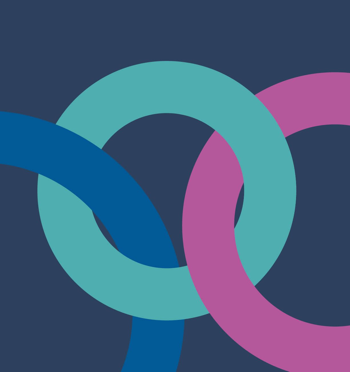 Interlocking teal, blue, and magenta rings on a dark blue background