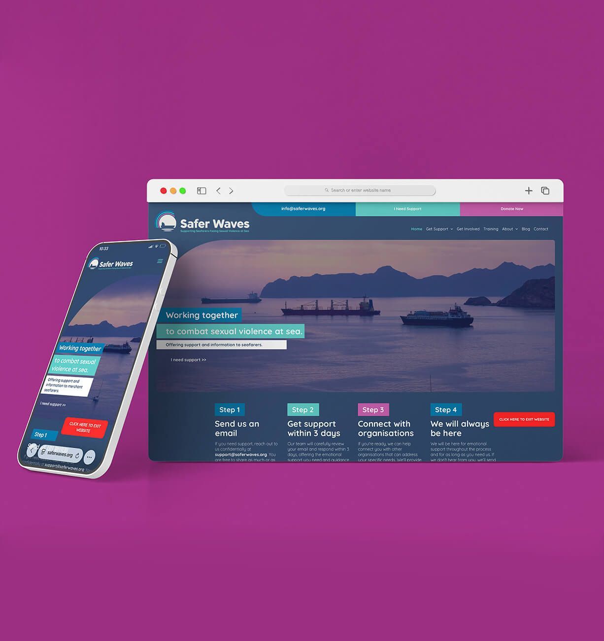 Mobile and desktop website mockup on a purple background with a boat scene hero image