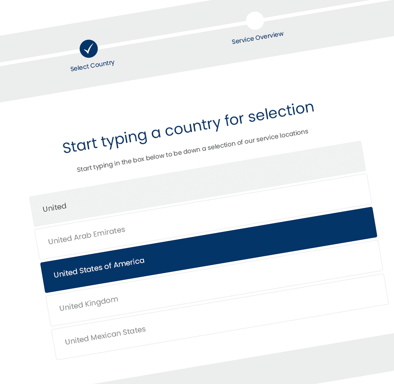 Country selection form with search box and highlighted option on a white and blue webpage