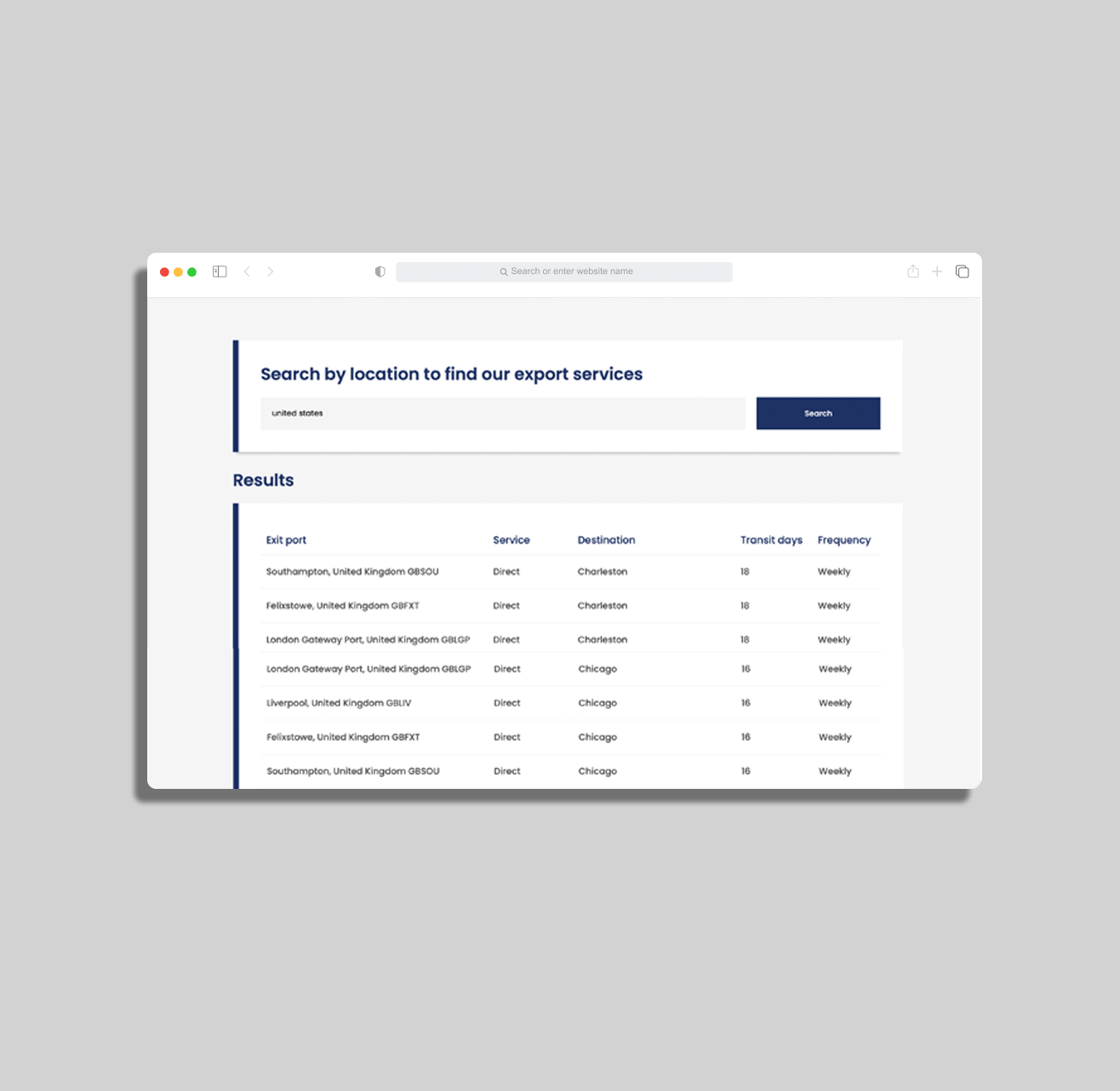 Web app page showing a search bar and a table of results on a white dashboard interface