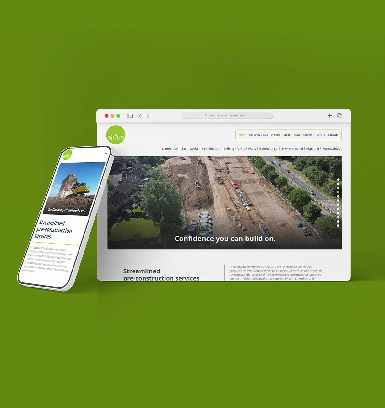 Laptop and phone displaying a website on a green background