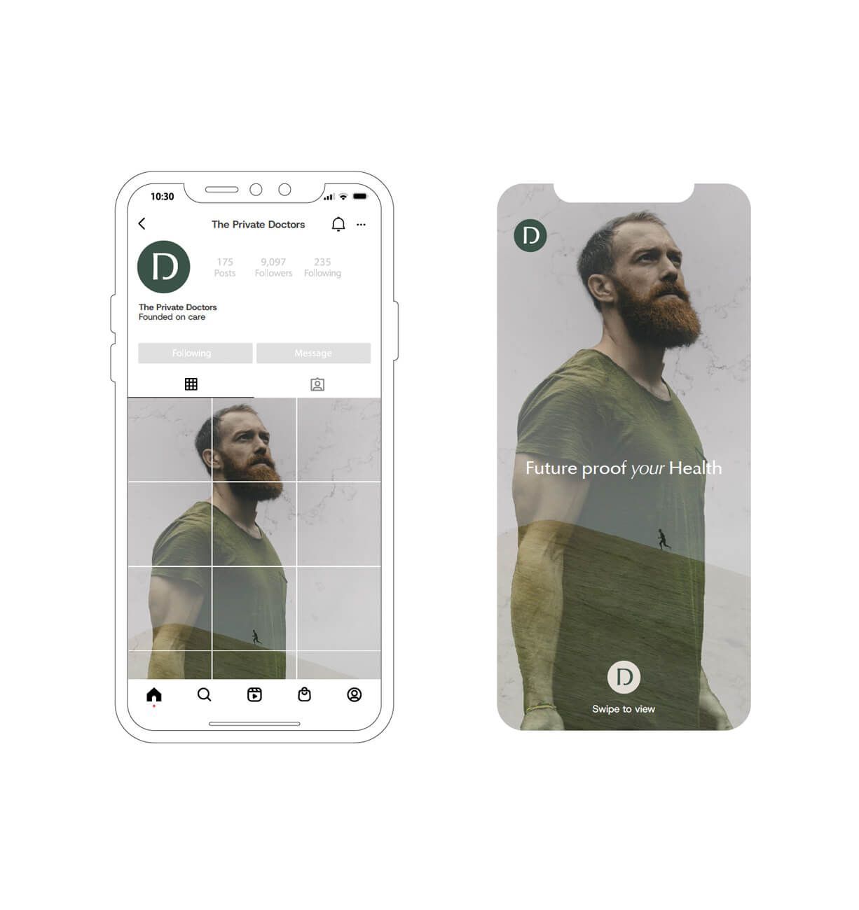 Mobile app mockups showing a bearded man in a green jacket on a gray background.