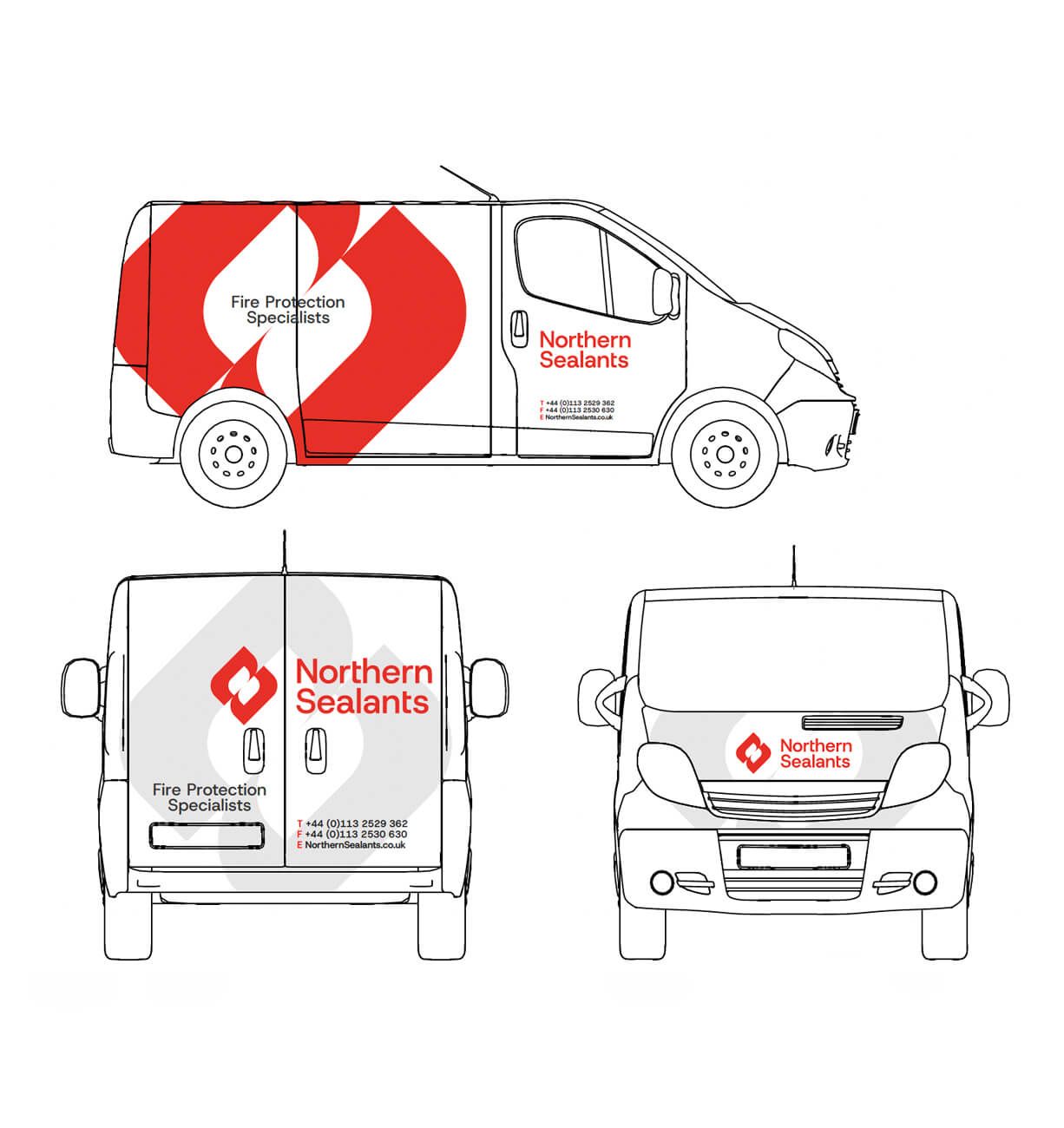 Northern Seals branded white van with red logo shown in side, rear, and front views