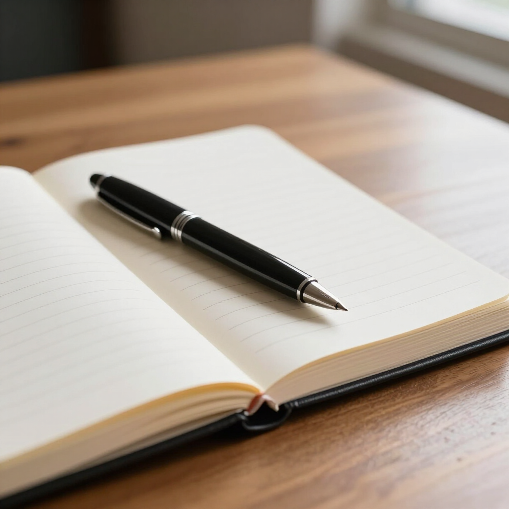 Bolígrafo negro sobre un cuaderno de hojas rayadas en una mesa de madera.