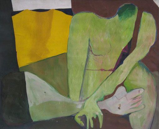 Green-skinned figure with yellow shirt, brown background