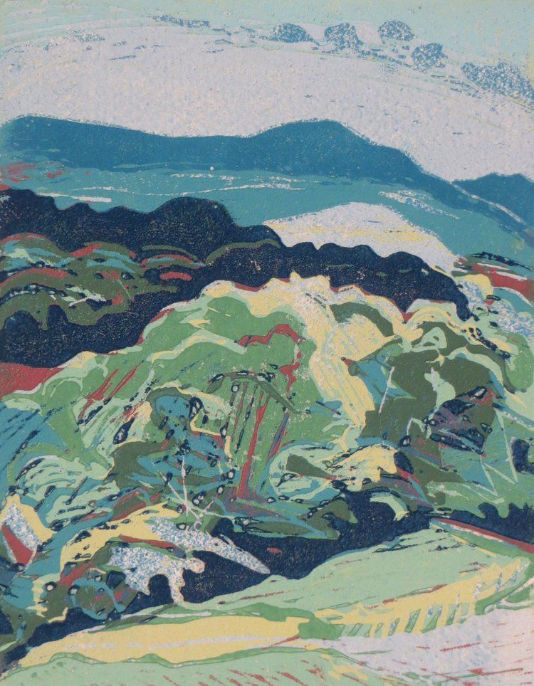 Colorful landscape print of rolling hills 