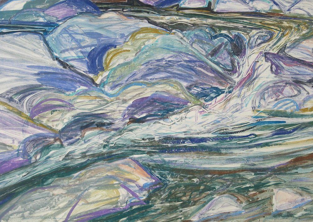 A pastel drawing of a rushing river with blue, purple, and green hues flowing over rocks
