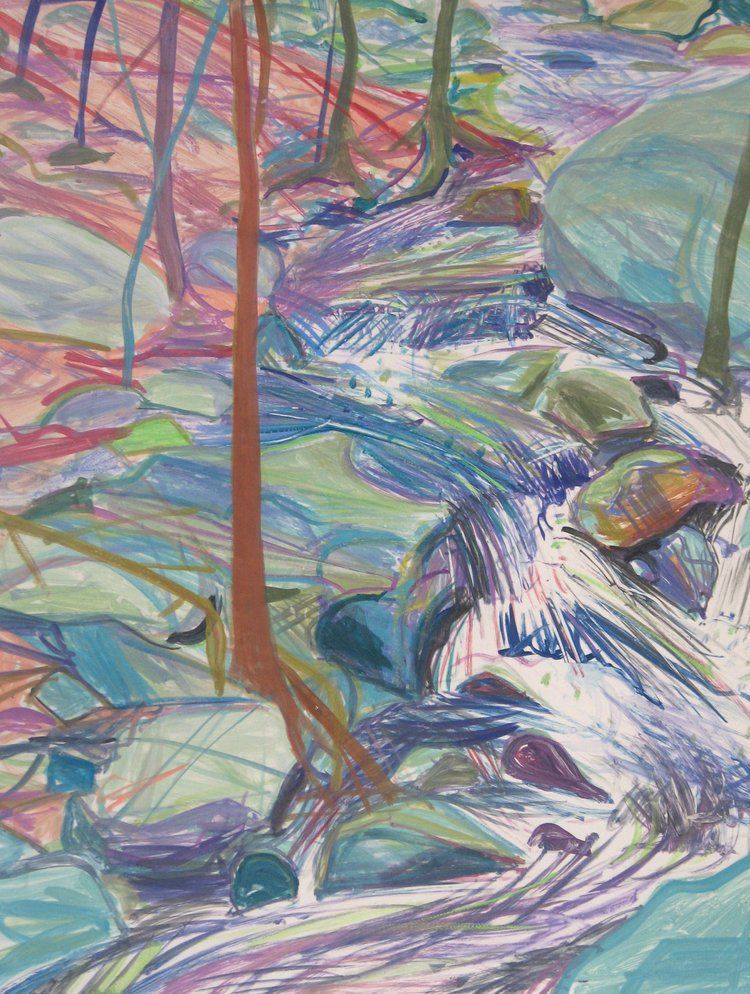 Colorful sketch of a stream with rocks and trees
