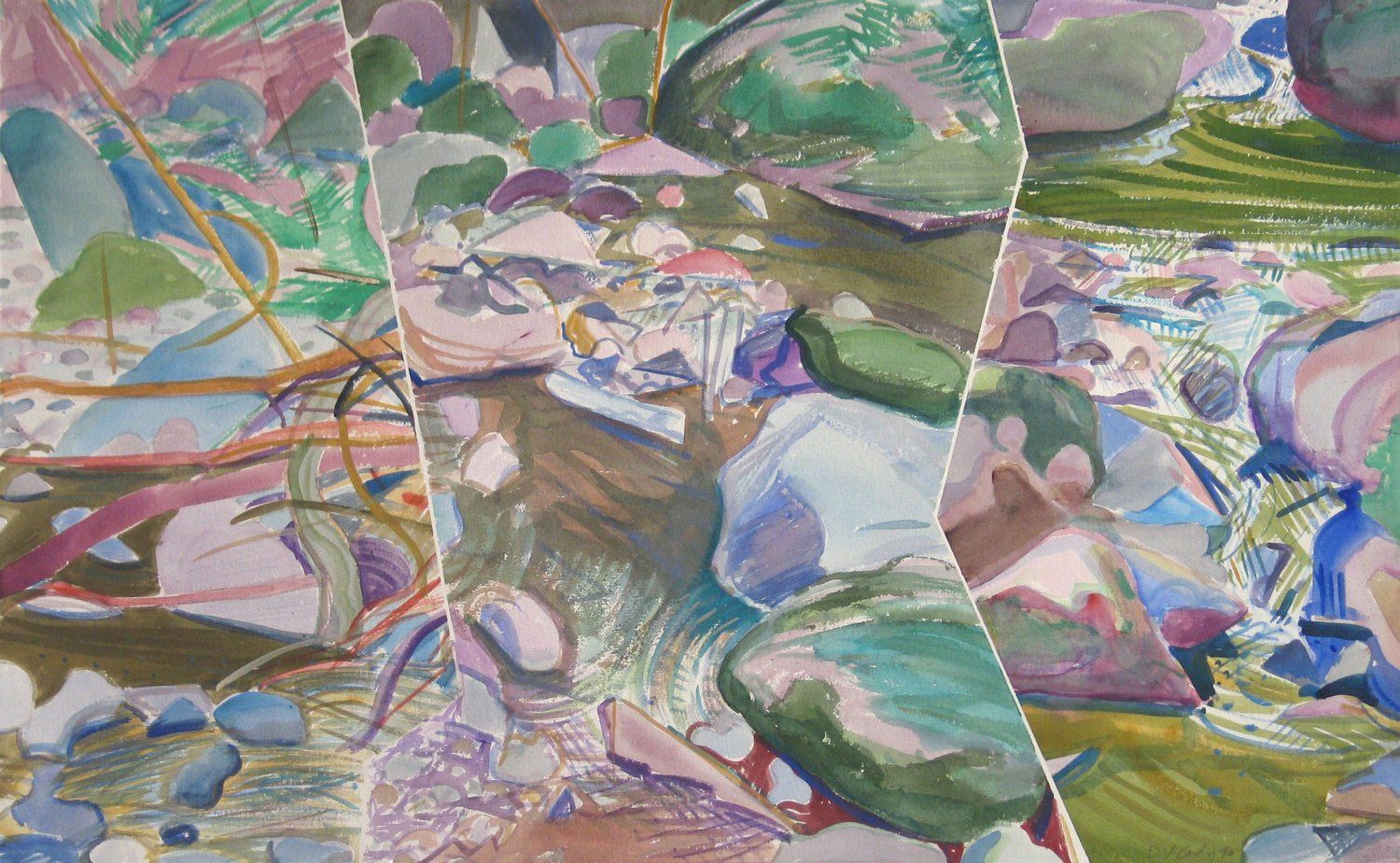 Abstract watercolor painting of a rocky stream