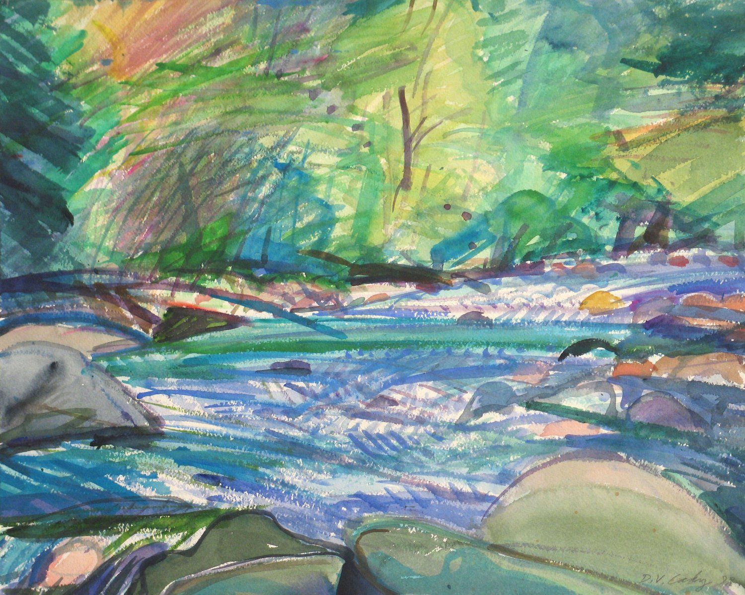 Watercolor painting of a stream flowing past rocks, with trees in the background