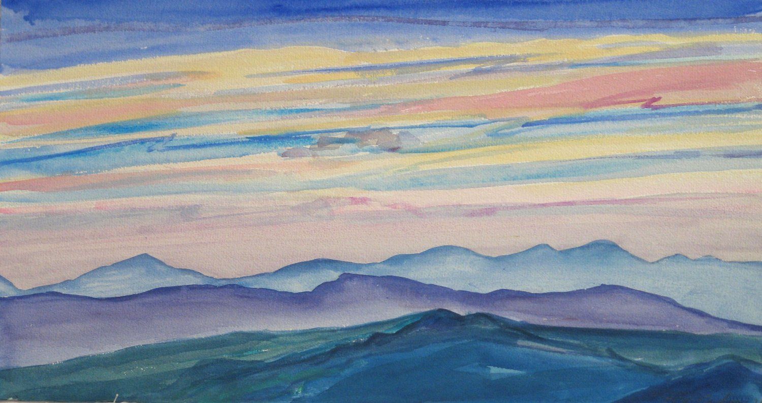 Watercolor landscape of mountain ranges in purple and blue hues under a colorful, striped sky