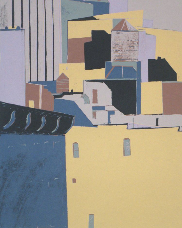 Abstract cityscape with geometric shapes in pastel yellows