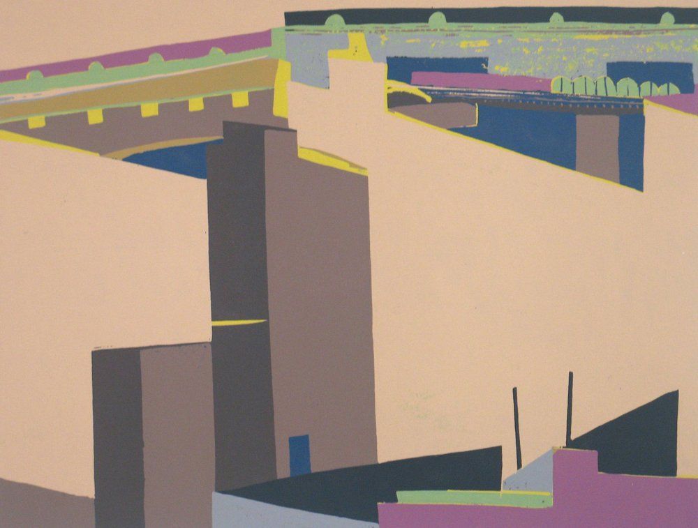 Geometric cityscape in pastel colors