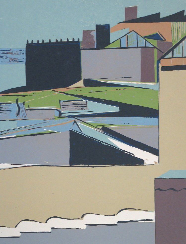 Coastal scene with geometric shapes