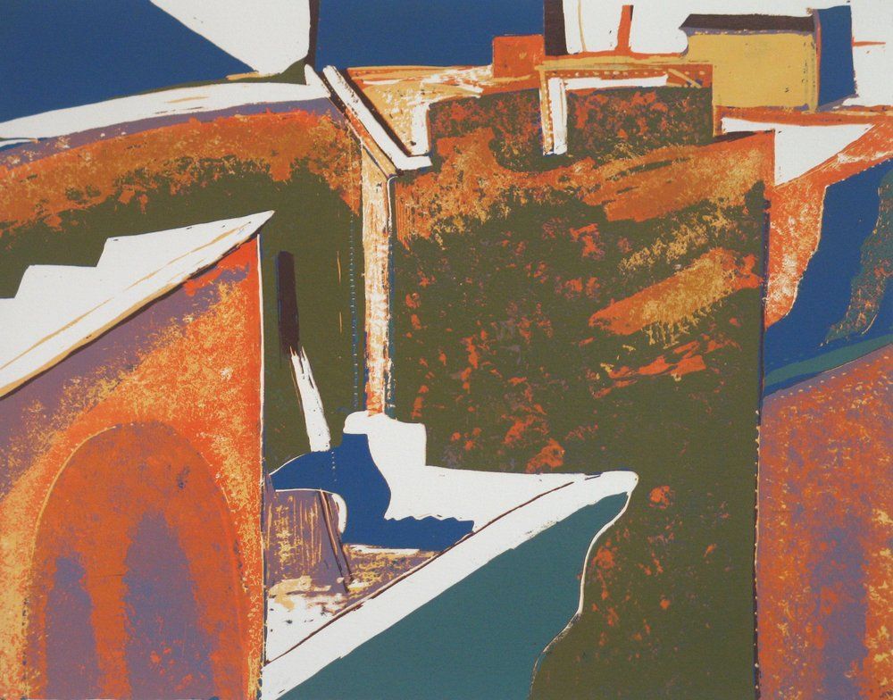 Abstract print of a boat in a harbor with orange and blue tones