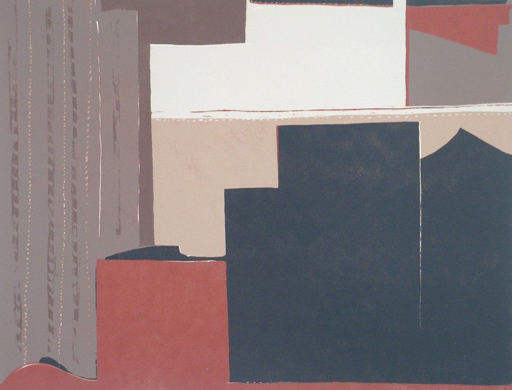 Geometric shapes in shades of red, brown, gray, and black