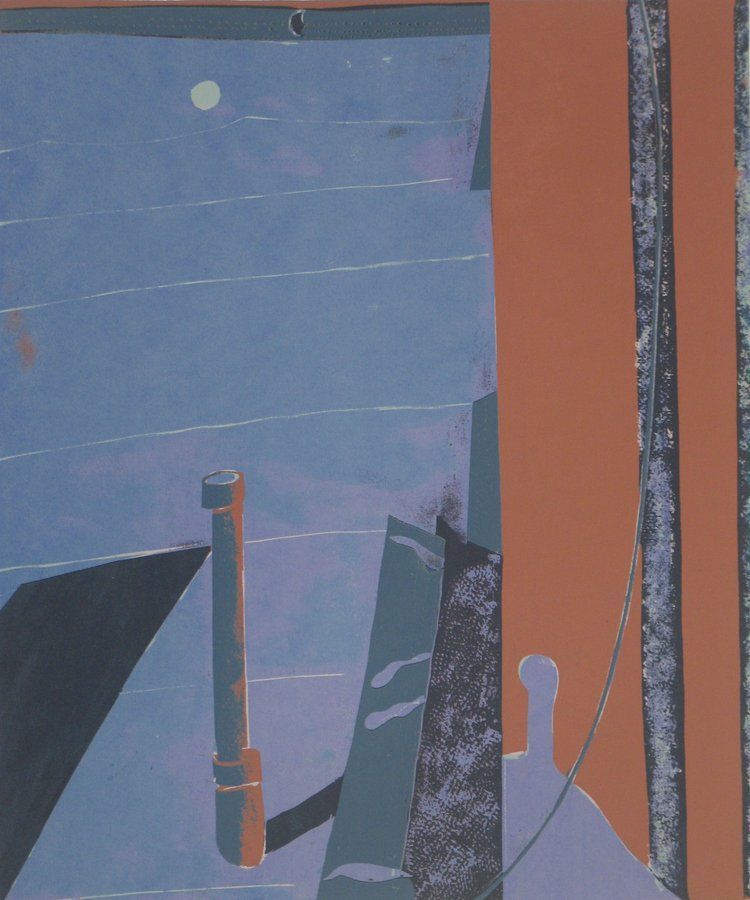 Abstract painting of a boat with a blue hull
