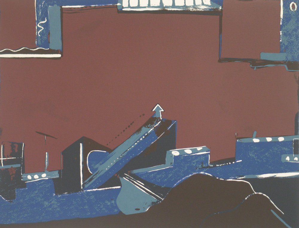 Abstract illustration of a city skyline in blue against a dark red sky