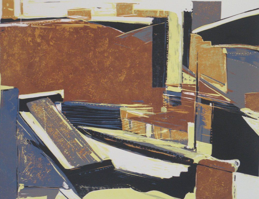 Abstract city landscape with geometric shapes in brown, blue, yellow, and black