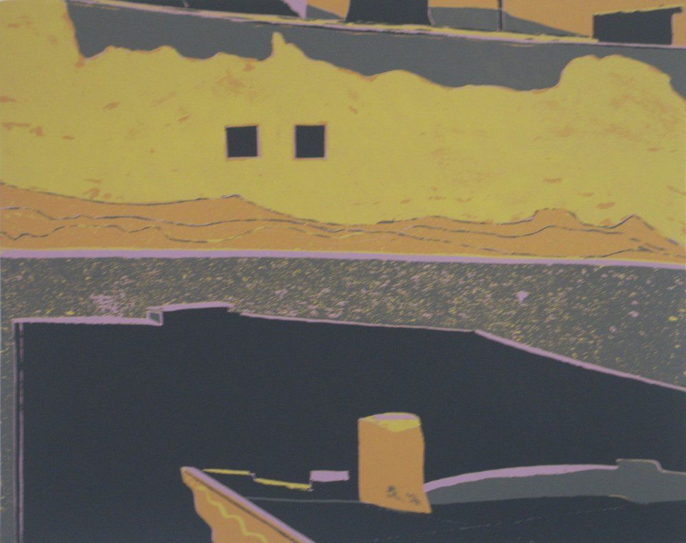 Buildings in shades of yellow, gray, and black