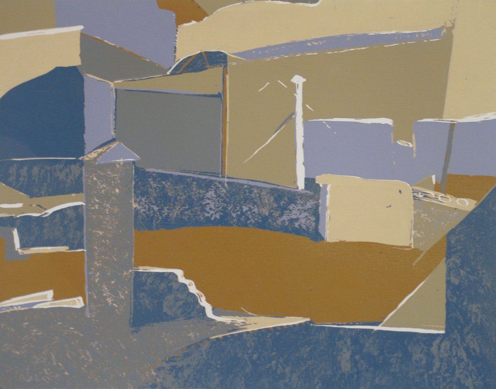 Abstract painting of buildings in shades of blue, brown, and beige