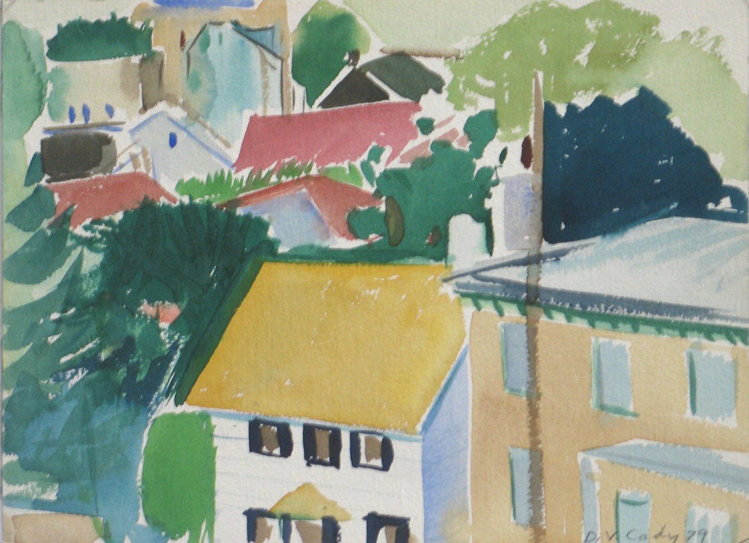 Watercolor painting of a townscape with houses, trees, and a yellow roof