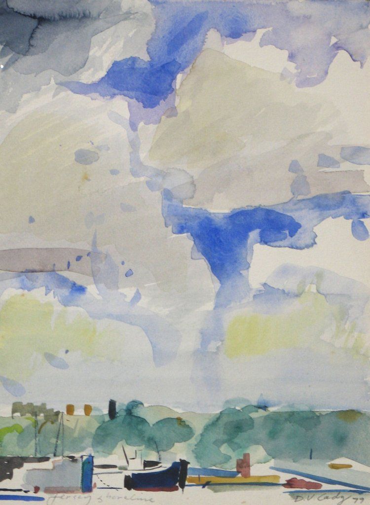 Watercolor painting of blue and white clouds over a green and brown landscape