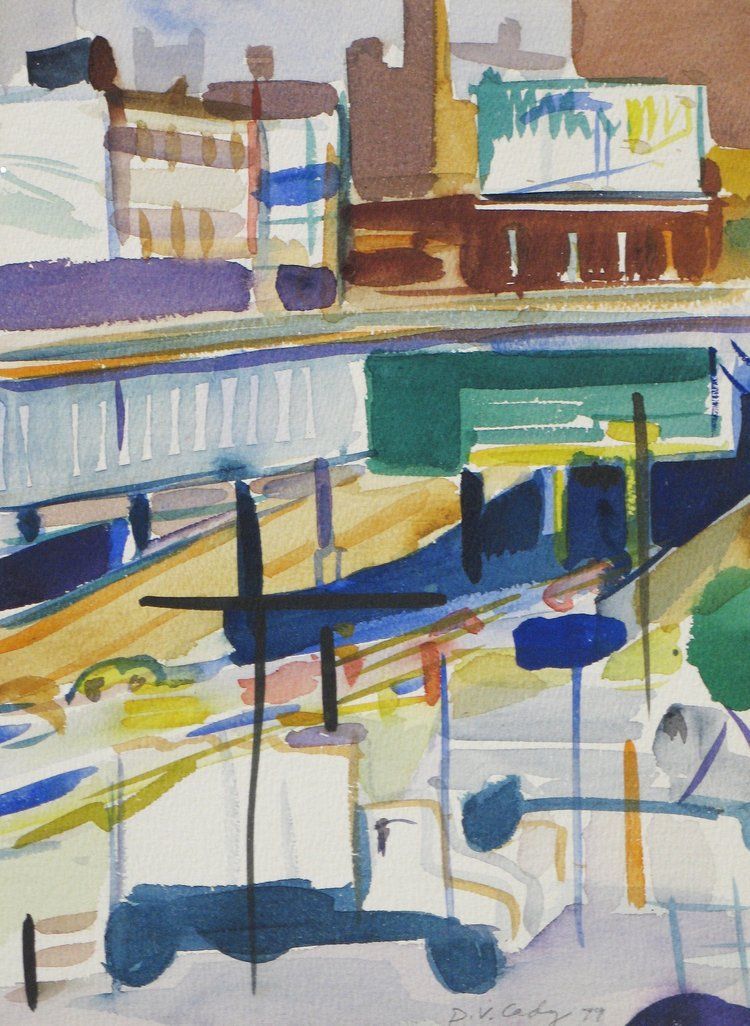 Watercolor painting of a city scene with buildings, train cars, and utility poles