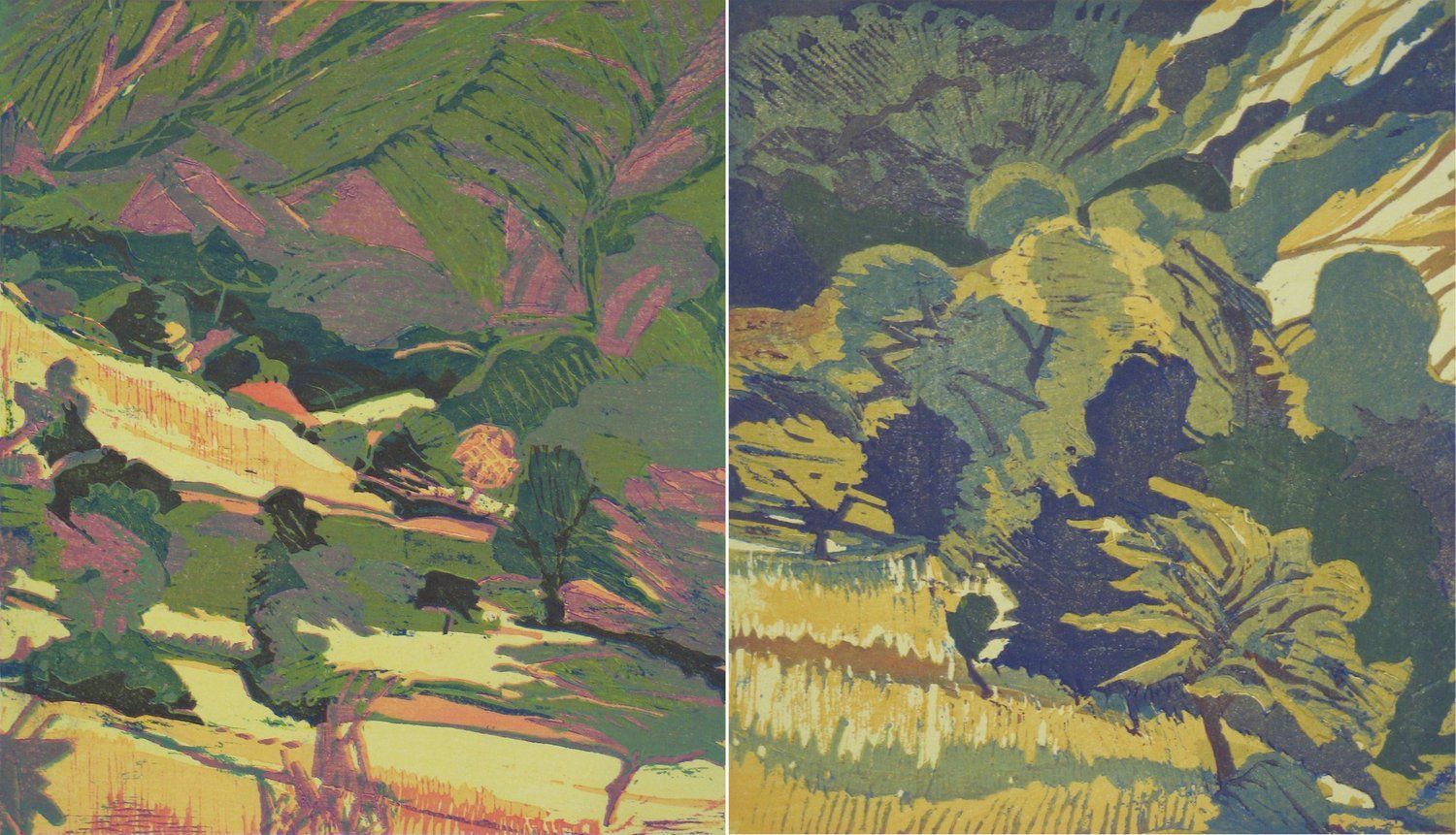 Two paintings depict landscapes 